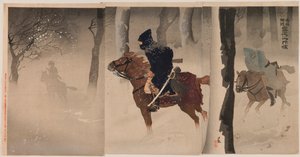 Exploradores cerca de Nuizhuang en una noche nevada de Kobayashi Kiyochika