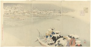 Segundo mes: Colina Matsuchi en la nieve al anochecer, de la serie "Vistas verdaderas de lugares famosos en Tokio" de Kobayashi Kiyochika