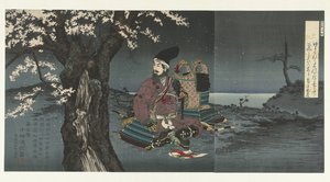Taira no Tadanori bajo un cerezo de Kobayashi Kiyochika