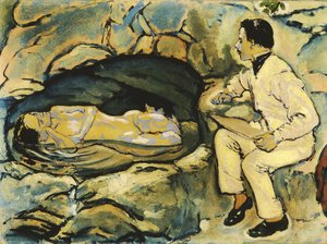Autorretrato, dibujo con sirena en la gruta de roca, 1914