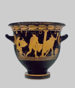 Crátera de campana de figuras rojas áticas, decorada con el interior de un taller de alfareros, c.430-425 a.C. de Komaris Painter