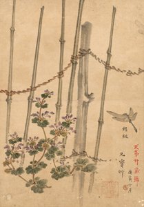 Bamboo Fence and Chrysanthemums de Kono Bairei