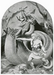 Sigfrido matando al dragón (litografía) de Konrad Dielitz