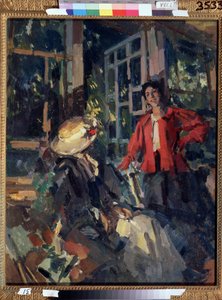 En la ventana. Dos mujeres jóvenes, una muy sonriente, la otra se dio la vuelta con mucha elegancia, frente a un gran ventanal. Pintura de Konstantin Alexeyevich Korovin (Constantin Korovin) (1861-1939), óleo sobre lienzo de Konstantin Alekseevich Korovin
