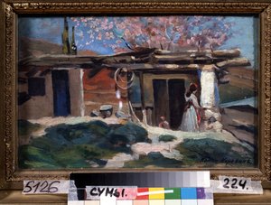 Crimea, almendros en flor. (Crimea, Almendros en flor). Mujer joven frente a una pequeña casa de madera, bajo almendros rosas. Pintura de Konstantin Alexeyevich Korovin (Constantin Korovin) (1861-1939), óleo sobre lienzo de Konstantin Alekseevich Korovin