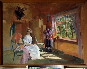 En la habitación. Mujer joven con un vestido ligero, sentada frente a la ventana, a través de la cual podemos ver el jardín, pleno verano. Pintura de Konstantin Alexeyevich Korovin (1861-1939), óleo sobre lienzo