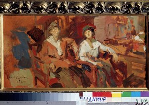 Dos en las sillas de mimbre. (Dos en las sillas de mimbre). Dos mujeres jóvenes con sombreros, sentadas una al lado de la otra. Pintura de Konstantin Alexeyevich Korovin (Constantin Korovin) (1861-1939), óleo sobre lienzo
