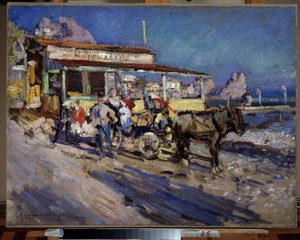 Gurzuf (Crimea) (Gurzuf). Puerto pueblo anida en el hueco de una bahía, dominada por la montaña del oso. Pintura de Konstantin Alexeyevich Korovin (Constantin Korovin) (1861-1939), óleo sobre lienzo de Konstantin Alekseevich Korovin