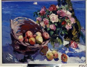 Gurzuf, Ucrania (Gurzuf). Bodegón de flores y frutas cerca de la playa Pintura de Konstantin Alexeyevich Korovin (Constantin Korovin) (1861-1939), óleo sobre lienzo de Konstantin Alekseevich Korovin