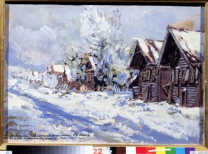 Invierno (Invierno). Vista de la calle de un pueblo con casas de madera, bajo la nieve. Obra de Konstantin Alexeyevich Korovin (1861-1939), gouache sobre cartón de Konstantin Alekseevich Korovin