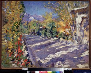 El camino a Gourzuf (Crimea, Rusia). (Camino a Gurzuf). Camino sombreado en pleno verano que conduce a la montaña cerca de la orilla del mar Pintura de Konstantin Alexeyevich Korovin (Constantin Korovin) (1861-1939), óleo sobre lienzo de Konstantin Alekseevich Korovin