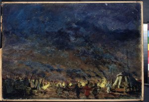 The Polovtsian Camp, Escenografía para la Ópera Prince Igor de Alexander Borodin - (The Polovtsian Camp - Escenografía para la Ópera Prince Igor de Alexander Borodin) - Bajo un cielo estrellado, las carpas del campamento enmarcan las luces, en de Konstantin Alekseevich Korovin