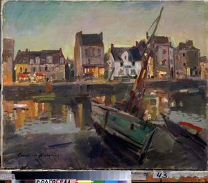 Marsella (Francia) (Marsella). Un barco en la orilla del antiguo puerto de Marsella, frente a las fachadas iluminadas por la luz del atardecer. Pintura de Konstantin Alexeyevich Korovin (Constantin Korovin) (1861-1939), óleo sobre lienzo de Konstantin Alekseevich Korovin