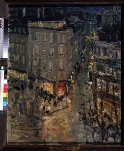 París, Boulevard des Capucines (París, Boulevard des Capucines). Vista de la intersección de los bulevares des Capucines y los bulevares Italiens, en una noche de verano, los edificios y el bullicio de la calle iluminados por las luces de las farolas. Pint de Konstantin Alekseevich Korovin