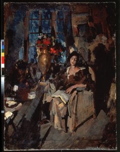 Retrato de una mujer (retrato femenino). Una bella mujer melancólica, con los ojos entrecerrados, sentada en un sillón, un libro abierto colocado sobre sus rodillas, rodeada de muebles de sala, una mesa con un ramo de flores, una taza y diversos objetos co de Konstantin Alekseevich Korovin