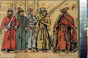 Diseño de vestuario para la ópera Khovanshchina o los príncipes Khovansky de Modeste Mussorgsky (1839-1881) (Diseño de vestuario para la ópera Khovanshchina de M.Musorgsky). Obra de Konstantin Alexeyevich Korovin (Constantin Korovin) (1861-1939), acuarela, de Konstantin Alekseevich Korovin
