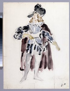 Diseño de vestuario para la ópera ""Le guest de pierre"" de Alexandre Dargomyjski (1813-1869) (Diseño de vestuario para la ópera The Stone Guest de A. Dargomyzhsky). Obra de Konstantin Alexeyevich Korovin (Constantin Korovin) (1861-1939), acuarela sobre pa