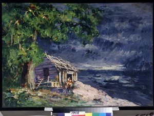 Proyecto de diseño para el ballet Le Poisson Dore de Ludwig (Leon) Minkus (Escenografía para el Ballet El pez dorado de Ludwig Minkus) - Una cabaña de madera junto al mar - Obra de Konstantin Alexeyevich Korovin (Constantin Korovine) (1861) -1939) , templo