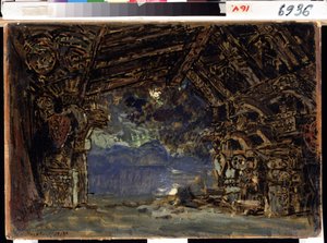 Escenografía para la ópera El crepúsculo de los dioses de Richard Wagner. (Escenografía para la ópera El crepúsculo de los dioses de R. Wagner). Obra de Konstantin Alexeyevich Korovin (Constantin Korovin) (1861-1939), témpera sobre cartón