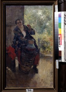 Una casera o mujer con una copa de vino (A Landlady, Woman with a Glass of Wine). Una mujer sentada fuerte levanta su copa para brindar y sostiene una enorme botella de vino. Pintura de Konstantin Alexeyevich Korovin (Constantin Korovin) (1861-1939),