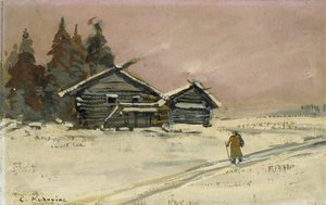 Paisaje de invierno con dos cabañas de madera de Konstantin Alekseevich Korovin