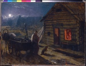 Frente a una taberna (Escena nocturna, una mujer con su bebé y un perro esperan junto a un carruaje tirado por caballos, frente a la puerta abierta de un edificio de madera, donde se reúnen hombres borrachos) - Ante una Taberna - Pintura por Konstantin Ale