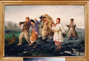 El regreso de la feria (Una familia campesina pobre y borracha camina por un camino embarrado, cantando y bailando) - El regreso de la feria - Pintura de Konstantin Alexandrovich Trutovsky (Troutovsky) (1826-1893), óleo sobre lienzo de Konstantin Alexandrovich Trutovsky