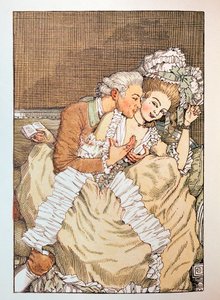 Ilustración para ""Le Livre de la Marquise"" de Franz Blei (Ilustración para el Libro de la marquesa de Franz Blei) (una marquesa bromeando con un amante impaciente) - Obra de Konstantin (Constantin) Andreyevich Somov (1869-1939), grabado de Konstantin Andreevic Somov