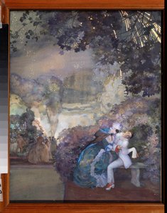 Pierrot y una mujer. (Coqueteando en un baile de máscaras). Obra de Konstantin (Constantin) Andreyevich Somov (1869-1939), gouache sobre papel de Konstantin Andreevic Somov