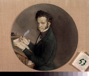 Retrato del escritor Alexander Pushkin (Pushkin) (1799-1837). Obra de Konstantin (Constantin) Andreyevich Somov (1869-1939), acuarela sobre papel