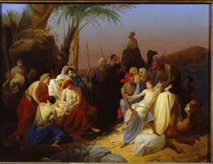 La venta de José. (Episodio del Génesis, cuando José es vendido por sus hermanos a los traficantes de esclavos. Pintura de Konstantin Dmitrievich Flavitski (1830-1866), óleo sobre lienzo de Konstantin Dmitrievich Flavitsky
