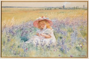 Una joven en un campo de salvia, margaritas y cola de zorra de Konstantin Egorovich Makovsky