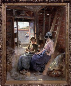 Dos bretones (dos bretones). Las esposas de los pescadores, en traje tradicional, descansando y charlando en un ático donde se almacenan las redes y cestas de pesca, la ventana abierta de par en par dejando entrar un rayo de sol. Pintura de Konstantin Y de Konstantin Egorovich Makovsky