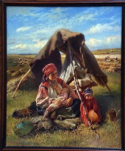 Segador. Durante la cosecha, una mujer amamanta a su recién nacido mientras observa a otro niño apenas mayor, al fondo, los campesinos están trabajando en el campo. Pintura de Konstantin Yegorovich Makovsky (Constantin Makovsky) (1839-1915),
