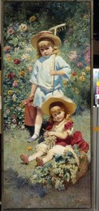 Retratos de los hijos del artista. (Retrato de los hijos del artista). Representada en un jardín de flores en verano, la mayor lleva un rastrillo y una regadera, la menor está sentada en la hierba, junto a un cesto lleno de racimos de uvas. Pintura de Kons de Konstantin Egorovich Makovsky