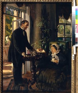 Una mansión castellana. (Una anciana toma el té, servido por un sirviente que le obsequia con pan y mermelada). Pintura de Konstantin Yegorovich Makovsky (Constantin Makovsky) (1839-1915), óleo sobre lienzo de Konstantin Egorovich Makovsky