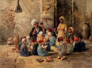Una escuela en El Cairo (Egipto). (Una escuela en El Cairo). Una maestra interroga a los niños en un salón de clases, que está organizado sobre un tapete en el piso. Un niño se para entre los demás, sentado leyendo su libro de texto, la colchoneta está rod de Konstantin Egorovich Makovsky