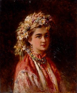 Niña con guirnalda de flores de Konstantin Egorovich Makovsky
