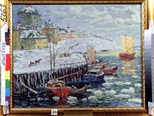 Terraplén en una antigua ciudad rusa. Descripción de los muelles donde están amarrados los barcos en un río cubierto de bloques de nieve, al fondo, una ciudad y un velero saliendo. Pintura de Konstantin (Co