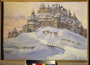 Fortaleza de la antigua Rusia (ciudad fortificada de madera bajo la nieve en Ucrania en la Edad Media). Obra de Konstantin (Constantin) Ivanovich Gorbatov (1876-1945), temple sobre madera, principios del siglo XX. Colección privada.