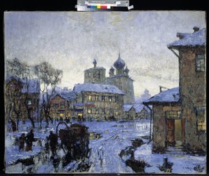 "El deshielo" Paisaje de pueblo ruso al final del invierno. Pintura de Konstantin (Constantin) Gorbatov (1876-1945) 1910 Museo de Arte M. Kroshitsky, Sebastopol de Konstantin Ivanovich Gorbatov