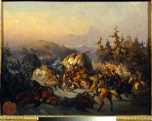 Cosacos rusos atacan a las tropas francesas en tránsito, episodio de la Batalla de Moskva (Borodino) en 1812 - Pintura de Konstantin Nikolayevich Filippov (1830-1878), óleo sobre lienzo, 30x38 cm - Cosacos rusos atacan a las tropas francesas en tránsito de Konstantin Nikolaevich Filippov