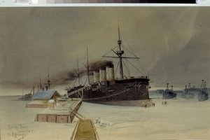 Le croiseur blinde Rossia - Oeuvre de Konstantin Vasilyevich Isenberg (1859-1911), aquarelle sur carton de Konstantin Vasilyevich Isenberg