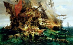 Un buque de guerra turco en llamas de Konstantinos or Constantin Bolanachi