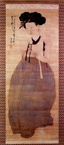 Arte coreano: Retrato de geisha (chica coreana con traje de geisha). Estampa de 1758. Colección privada de Korean School
