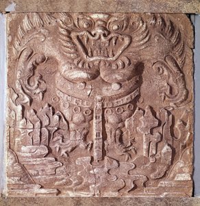 Arte coreano: ladrillo de terracota gris que representa un monstruo. Reino de Paekche (o Paikchei o Baekje), Corea. Siglo VII. Museo Nacional de Corea de Korean School