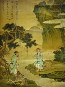 Conversación entre un pescador y un leñador (detalle) de Korean School