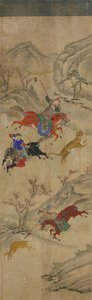 Escena de caza (3 jinetes cazando ciervos y tigres) de Korean School