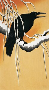 Cuervo posado en una rama (Corvus corax) de Ohara Koson