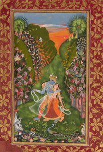 Radha y Krishna Caminan en un Bosque Florido (recto), Krishna Tocando la Flauta (verso), c. 1720 (recto), c. 1750-75 (verso) de Kota Master